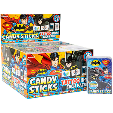 Batman and Superman Candy Sticks with Tattoo 30ct Box | Candy Retailer