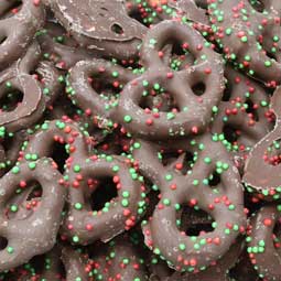 Candy Retailer Milk Chocolate Christmas Pretzels with Red & Green Nonpareils 1 Lb